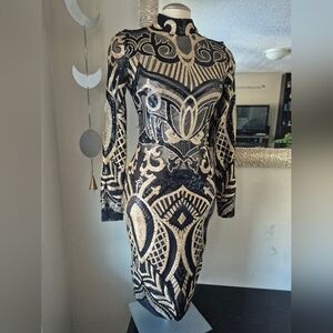 Black & Gold Sheer Sequin Bodycon Dress